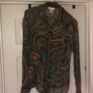 Multi colored blouse buttoned Down.  Harold’s